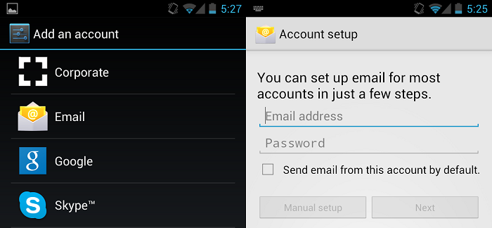 setting up cuatom email account in android