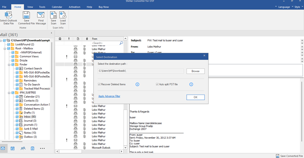 choose if you want to split the OST file into smaller PST files