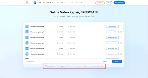 upload a video sample into repairit online