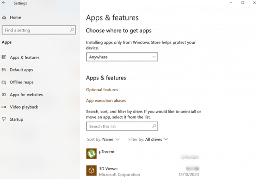 locate the list of installed apps